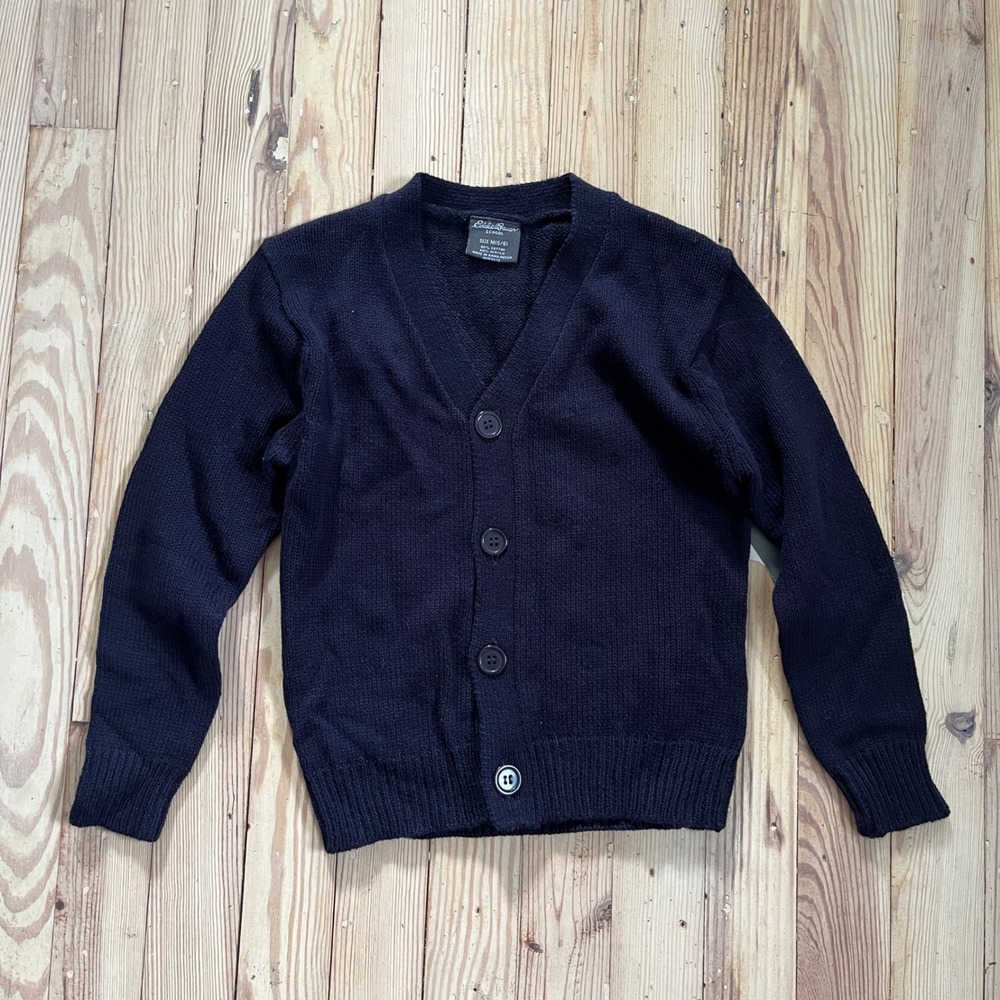 Boys Eddie Bauer School Cardigan Sweater Uniform Elbow Patch Dark Navy Blue 5/6